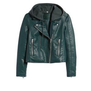 Blank NYC moto leather jacket with removable hood NWOT teal green